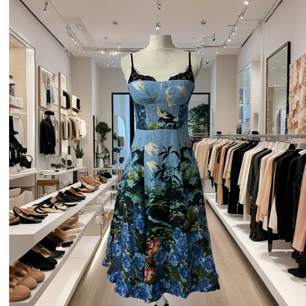 Tracy Reese Anthropologie Scenic View Fit & Flare Midi Lace Trim Dress  2 NWT‎